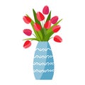 Red tulips vase in flat style on white background. Spring bouquet. Vector illustration.