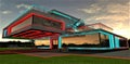 Red turquoise illumination of the contemporary private estate at starry night. Console floor above the porch. Glass facade and Royalty Free Stock Photo