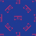 Red TV table stand icon isolated seamless pattern on blue background. Vector Royalty Free Stock Photo