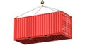 Red twenty feet cargo container hanging on a crane hook Isolated on white background. 3d rendering Illustration of a Royalty Free Stock Photo