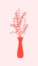 Red twigs with leaves in vase vector flat illustration. Happy spring Day, Woman day, discount design template.