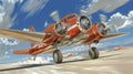 Red Twin-Engine Airplane Taking Off: Dynamic Low-Angle View Royalty Free Stock Photo