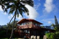 Red Two Story Beach House with tall coconut trees