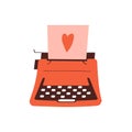 Red typewriter with love letter. Saint Valentine`s Day mail. Romantic object. Love element. Vector illustration in cartoon style.