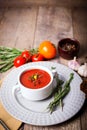 A fragrant red borscht in a white plate with a lots of vegetables on wooden background. Food concept.