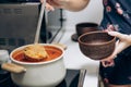 Red Ukrainian borscht on the table. Cooking the national first course