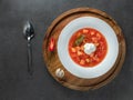 Red ukrainian borscht in white plate on wooden plate with spoon