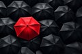 Red umbrella among the black, stand out concept, unique identity, generative AI Royalty Free Stock Photo