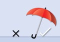 Red umbrella with check mark and wrong mark on white background. Concept of true or false. Shadow overlay. Royalty Free Stock Photo