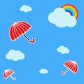 Red umbrella, clouds and rainbow in the blue sky background vector Royalty Free Stock Photo