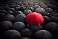Red umbrella in a crowd of black one. Individuality concept. Generative ai Royalty Free Stock Photo