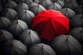 Red umbrella in a crowd of black one. Individuality concept. Generative ai Royalty Free Stock Photo
