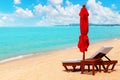 Red umbrella, deck chair, solar parasol, sun lounger, chaise lounge, sun bed, tropical island sea beach, summer holidays, vacation