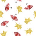 Red umbrella and fallen yellow leaves watercolor seamless pattern Royalty Free Stock Photo