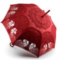 Red umbrella with lace pattern on white background. 3D illustration. Royalty Free Stock Photo