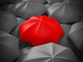 Red umbrella out from crowd of many black and umbrellas. Individuality business concept Royalty Free Stock Photo