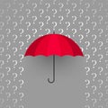 Red umbrella and rain of white question marks