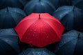 Red umbrella stand out from the crowd of many black umbrellas. Business, leader concept. Royalty Free Stock Photo