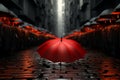 Red umbrella stands out amidst black ones - cityscape background