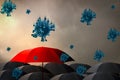 Red umbrella with storm,sky background and rain with black cloud,virus outbreak epidemic coronavirus or covid 19,in rainy season, Royalty Free Stock Photo