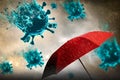 Red umbrella with storm sky background and rain with black cloud virus outbreak epidemic coronavirus or covid 19 in rainy season Royalty Free Stock Photo