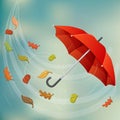 Red umbrella in wind with autumn leaf Royalty Free Stock Photo