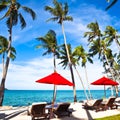 Red umbrellas and chairs on sand beach in tropic