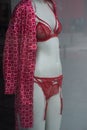 red underwear with little hearts on mannequin in a fashion store showroom