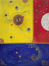 Abstract painting with three universes blue, yellow and red