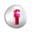 Red Unlocked key icon isolated on transparent background. Silver circle button. Royalty Free Stock Photo