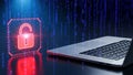 Red Unlocked Padlock Digital Security Vulnerability Laptop Dark Blue Binary Code Background Royalty Free Stock Photo