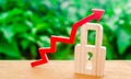 Red up arrow and padlock. Conceptual growth of the level and quality of protection and preservation. Highly effective protection Royalty Free Stock Photo