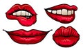 Red Upper and Lower Lips Closed and Showing Teeth in Smile Vector Set Royalty Free Stock Photo