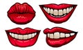 Red Upper and Lower Lips Closed and Showing Teeth in Smile Vector Set