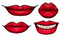 Red Upper and Lower Lips Closed and Showing Teeth in Smile Vector Set Royalty Free Stock Photo
