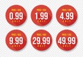 Red USD Price stickers set. Sale 0.99 1.99 4.99 9.99 29.99 and 49.99 Dollars Only Offer Badge Sticker Design in Flat Style. Vector