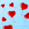 Red Valentine balloons in the form of Heart on blue background