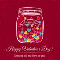 Red valentine card with jar filled with heart Royalty Free Stock Photo