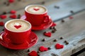 Red valentine coffee latte cups with heart decorations. Generative AI Royalty Free Stock Photo