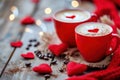 Red valentine coffee latte cups with heart decorations. Generative AI Royalty Free Stock Photo