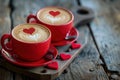 Red valentine coffee latte cups with heart decorations. Generative AI