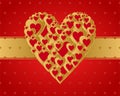 Red Valentine greeting with a heart composed of small gold hearts with gold ribbon middle on a red heart background Royalty Free Stock Photo