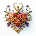 Red Valentine heart with golden trident with small flowers