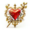 Red Valentine heart with golden trident with small flowers