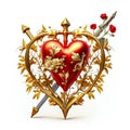 Red Valentine heart with golden trident with small flowers