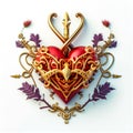 Red Valentine heart with golden trident with small flowers