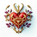 Red Valentine heart with golden trident with small flowers