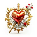 Red Valentine heart with golden trident with small flowers