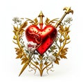 Red Valentine heart with golden trident with small flowers