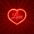 Red Valentines day greeting card with sparkling heart on shiny rays background. Romantic vector illustration. Easy to edit design Royalty Free Stock Photo